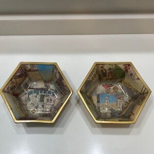 A Set of 2 Hexagonal Gold Rimmed Decorative Bowls with Paris & Italy City Scenes